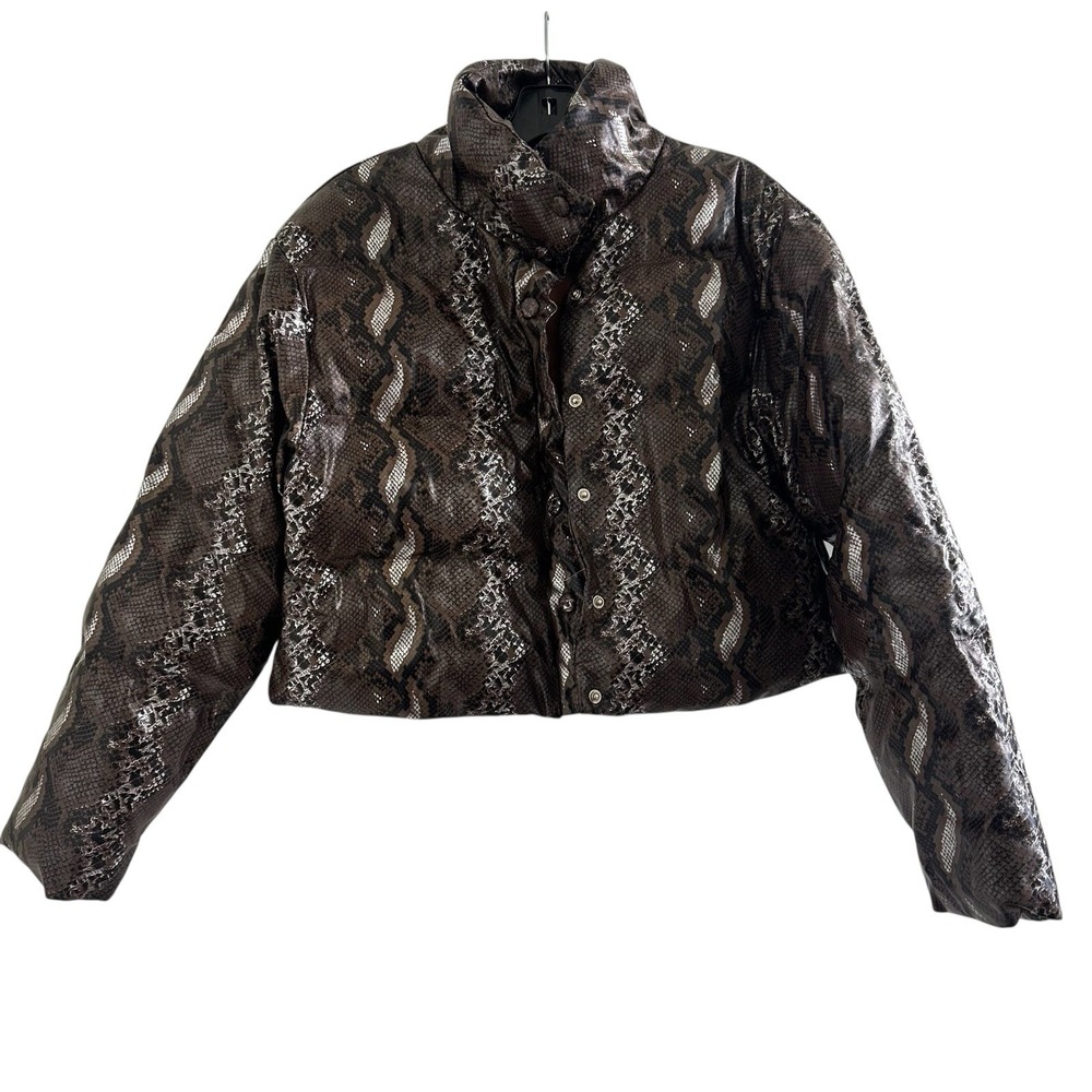 SHEIN Cropped Snakeskin Puffer Jacket Womens XS Brown Faux Leather Y2K - Picture 1 of 9